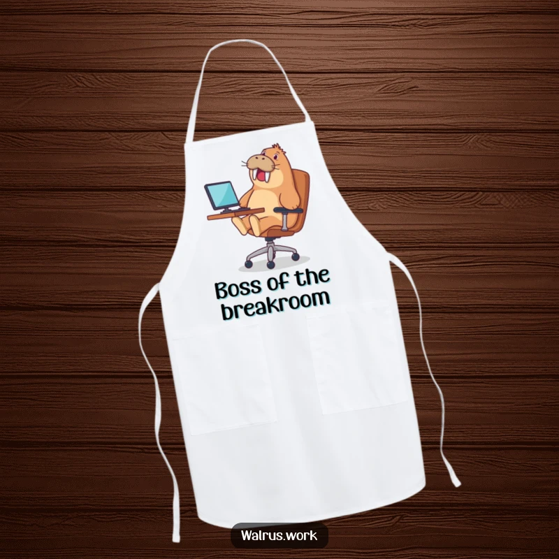 Funny apron with a walrus gleefully riding an office chair, ideal for kitchen use and humorous cooking sessions.