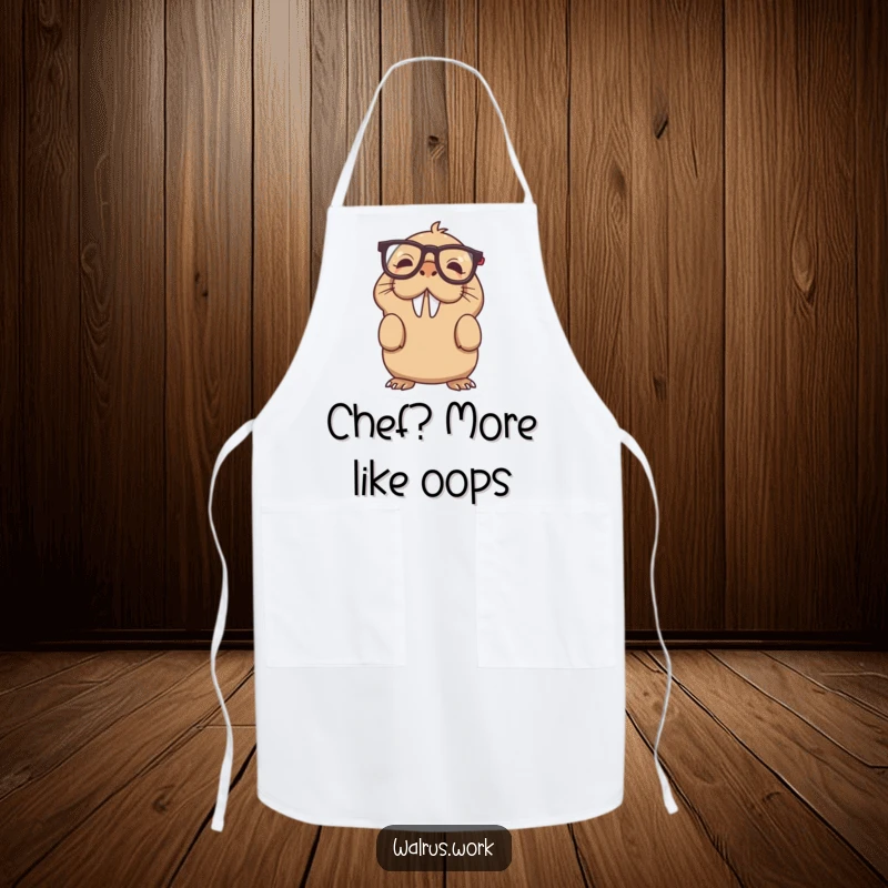 Funny upside down glasses walrus apron depicting a confused sea creature in eyewear, a practical funny gift.