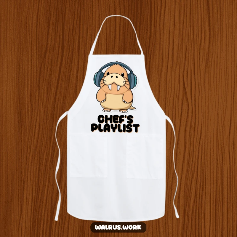 Funny walrus character wearing earphones with a comical expression, humorously depicted on a DJ-themed apron.