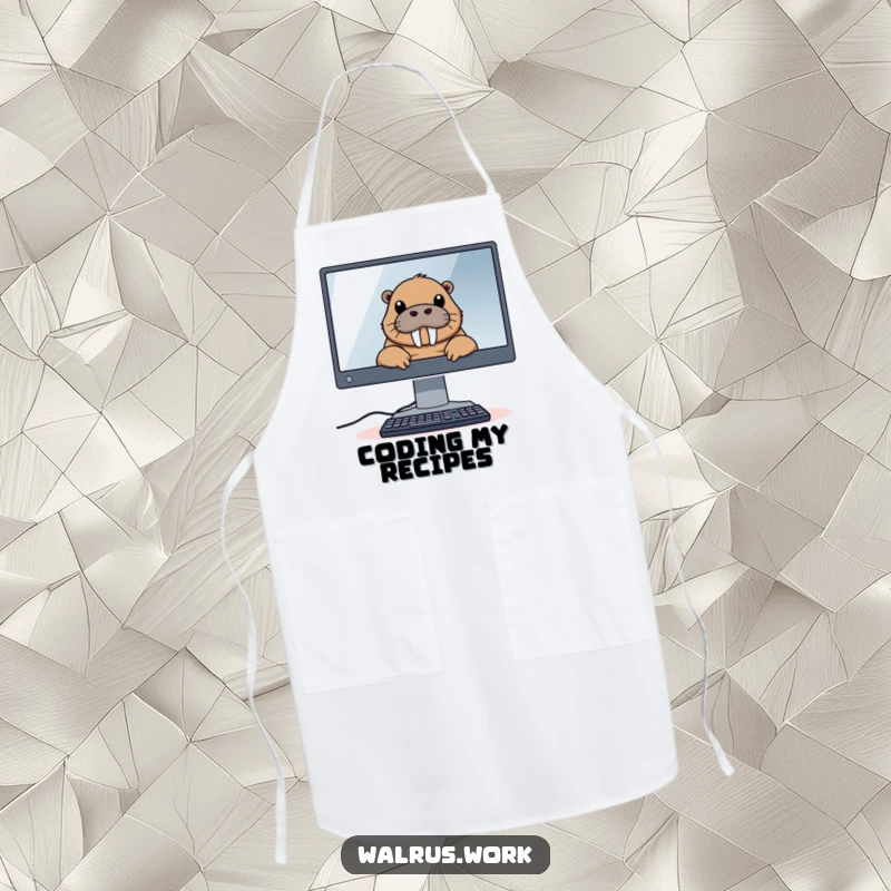 Funny apron with a walrus peeking over a large computer monitor, ideal for a humorous and tech-inspired cooking experience.