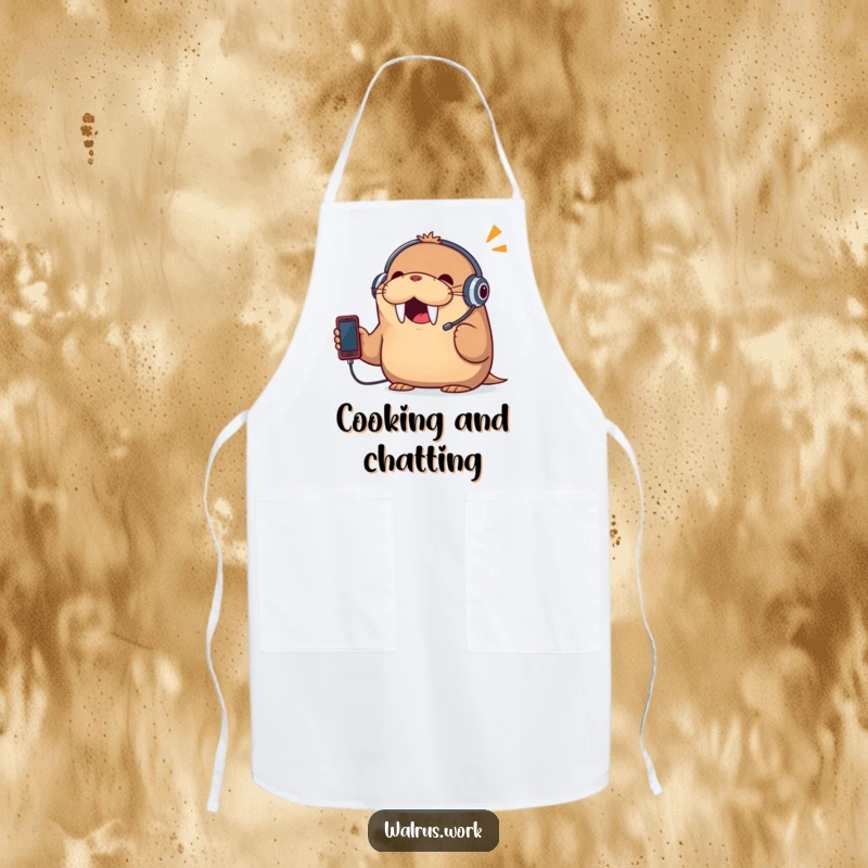Funny apron with a cheerful walrus wearing a headset and talking on a tiny phone, perfect for humorous kitchen duties.