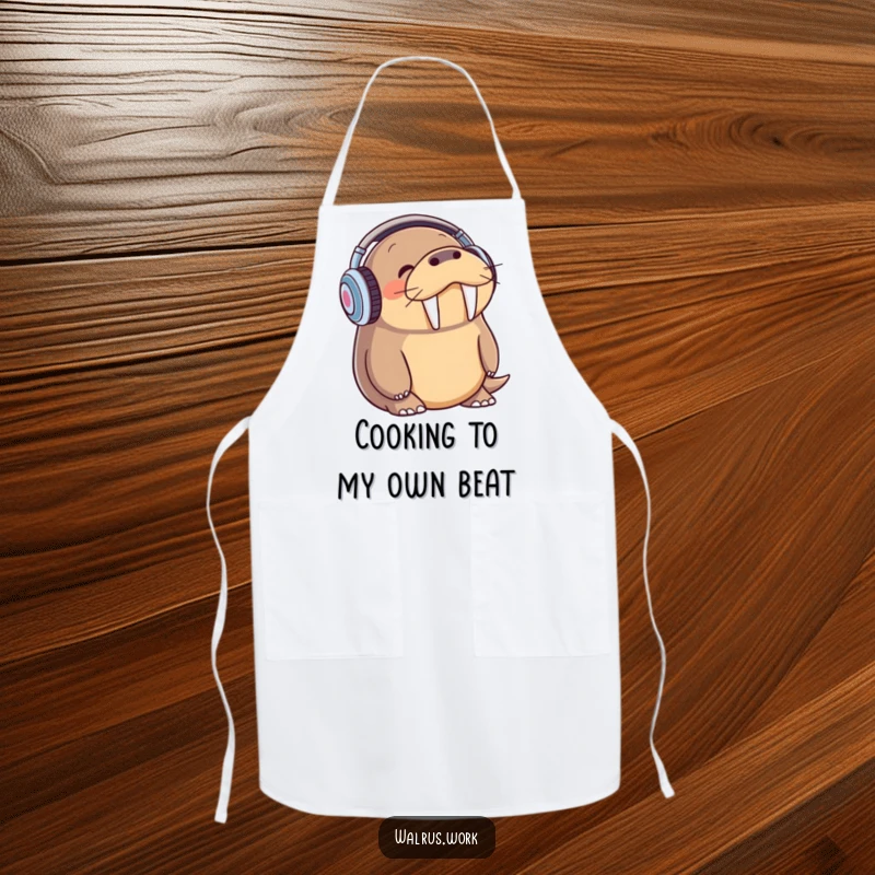 Funny walrus wearing headphones, bopping head to music, practical and humorous kitchen apron.