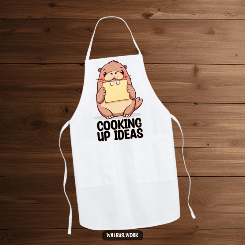 Funny walrus chef apron, a walrus holding a sticky note, ready to present culinary creations with enthusiasm.