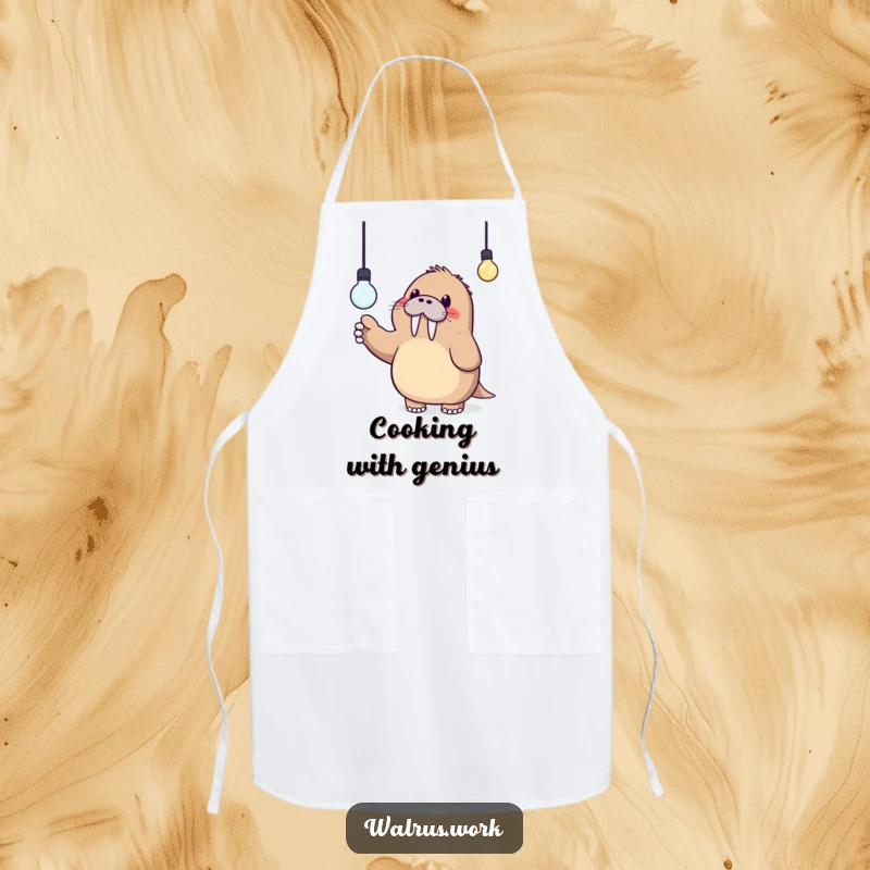 Funny apron showing a cute Kawaii walrus pointing at a lightbulb, perfect for cooks who have brilliant culinary ideas.