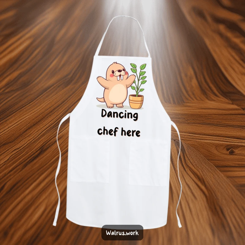 Funny apron showing a cute Kawaii walrus doing a happy dance next to a potted plant, perfect for joyful home cooks.