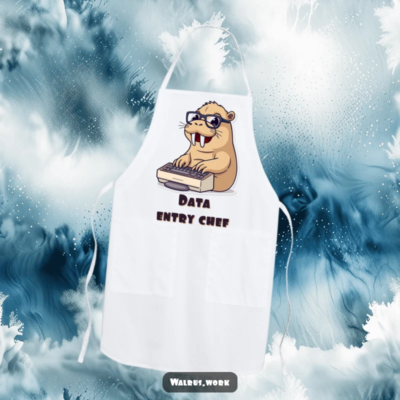 Funny typing walrus apron with a walrus wearing glasses typing on a keyboard, perfect for keeping clothes clean during kitchen tasks.