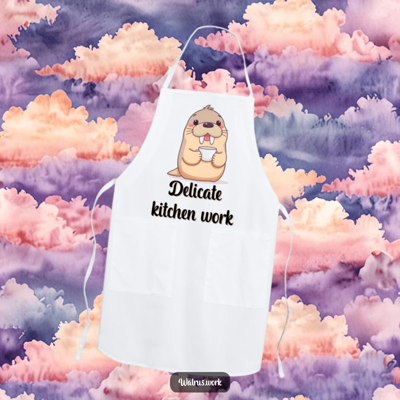 Funny apron with a playful walrus balancing a delicate teacup on its snout, perfect for humorous tea parties or kitchen duties.