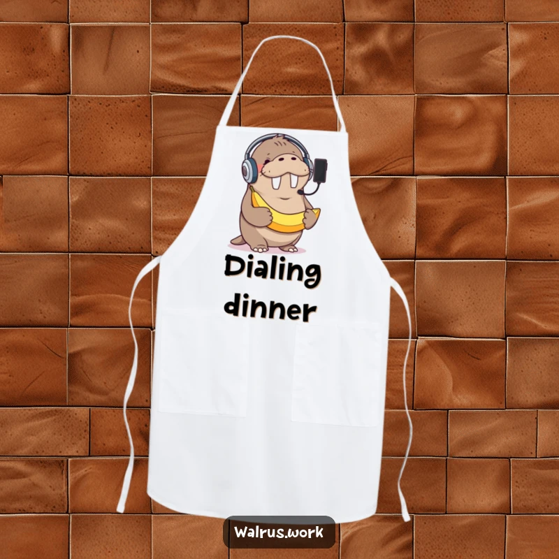 Funny apron featuring a giggling walrus in a headset, holding a banana as a phone, adding humorous tech flair to kitchen duties.