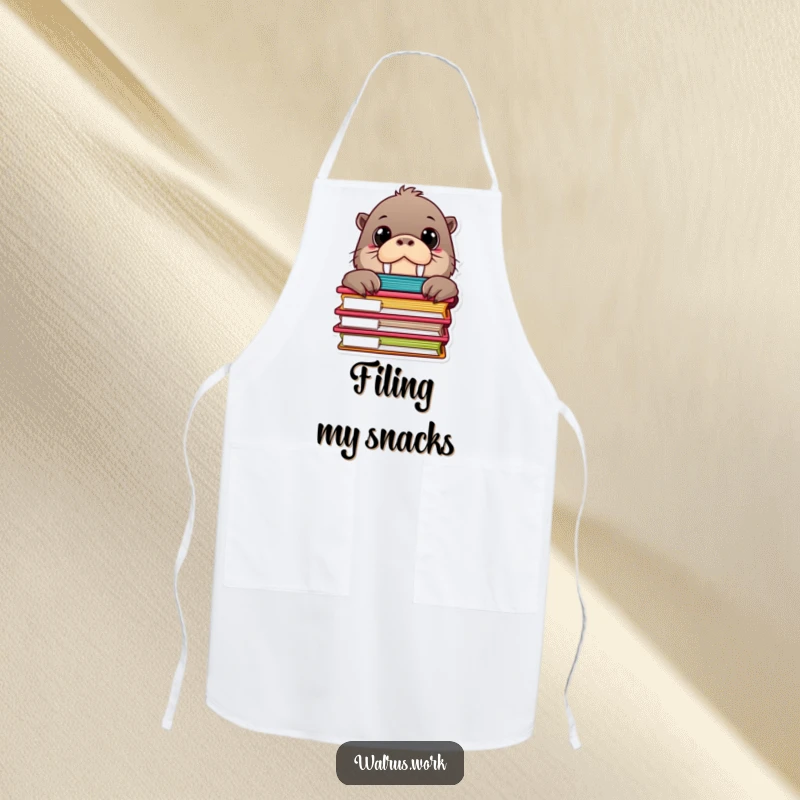 Funny apron depicting a curious walrus character with large eyes, peeking from behind a stack of colorful, neatly arranged file folders.