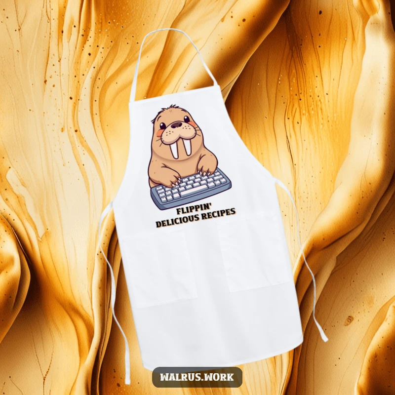 Funny walrus apron showing a walrus with flippers trying to type on a keyboard, ideal for kitchen humor and protection.