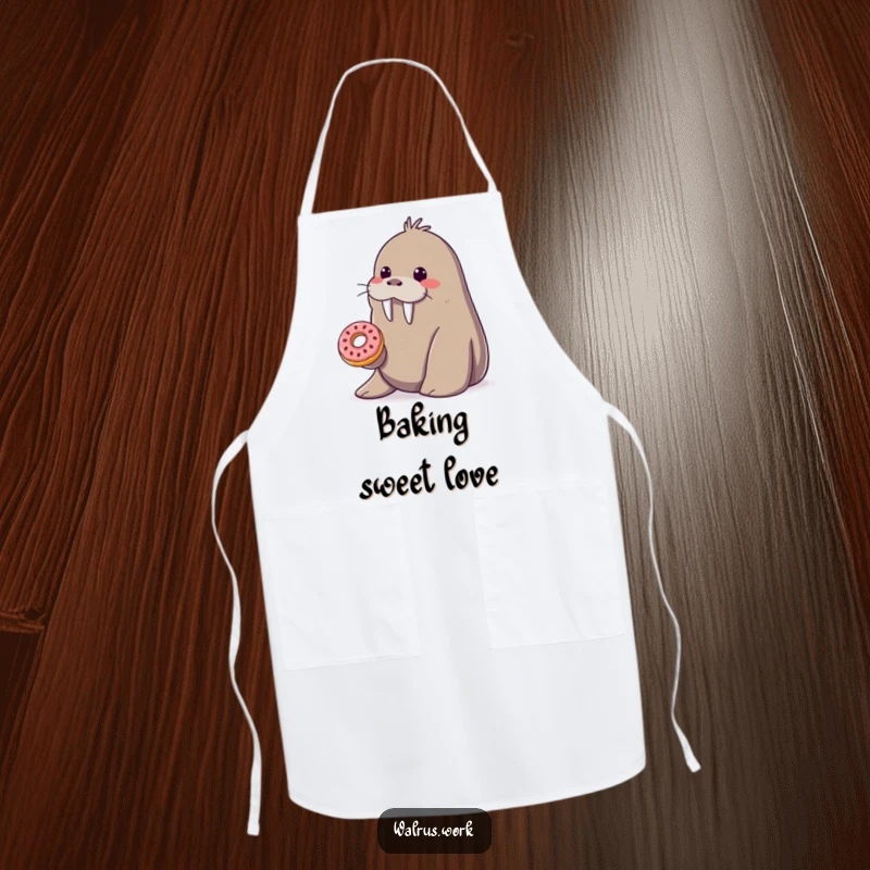 Funny smiling walrus apron offering a tiny donut from its flipper, a practical and kind funny gift.