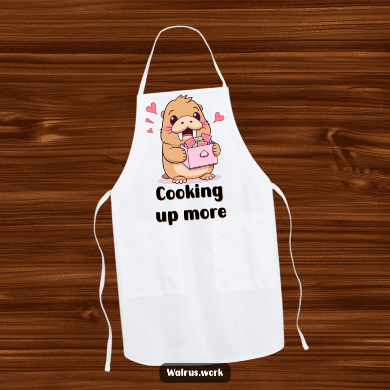 Funny apron featuring a walrus holding an overflowing inbox, perfect for kitchen duty with humor.