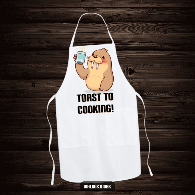 Funny apron showing a cute Kawaii walrus raising a coffee mug in a toast, perfect for hosts and coffee enthusiasts.