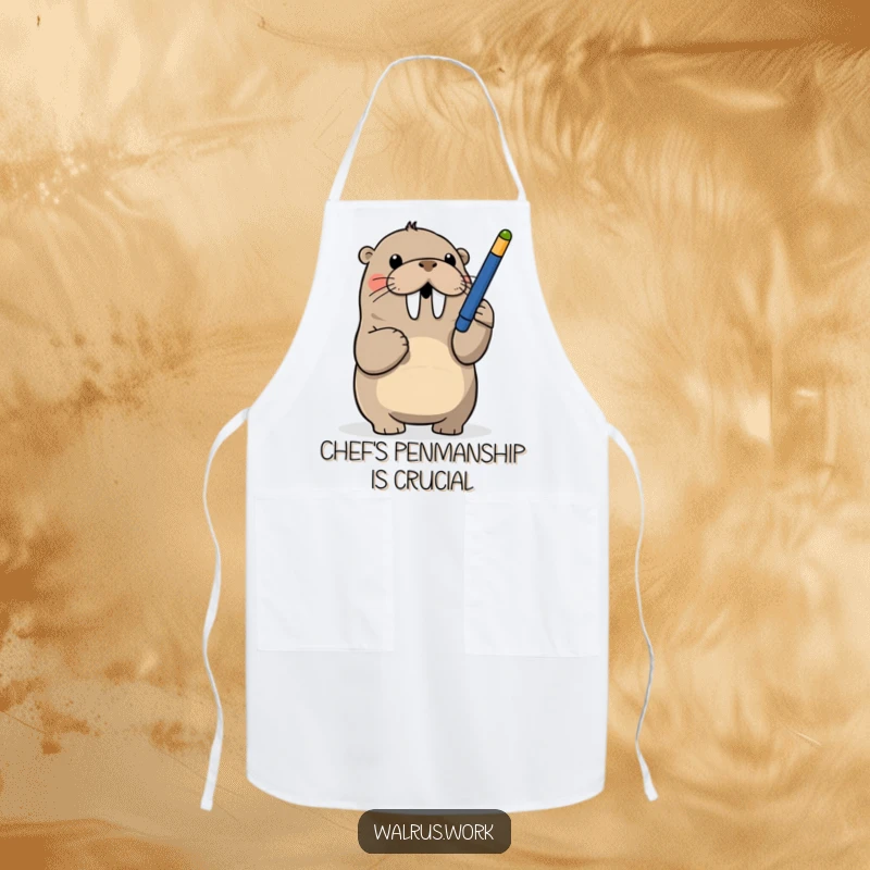 Funny apron with a walrus playfully batting at a dangling pen, ideal for kitchen use and humorous cooking sessions.