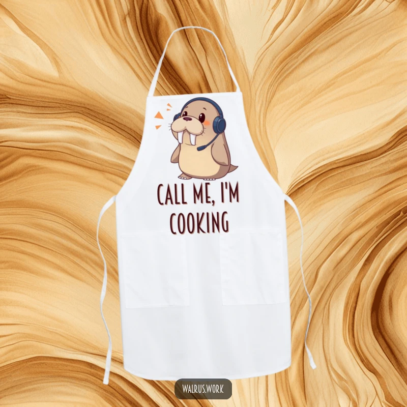 Funny walrus apron showing a surprised walrus wearing a headset, ready for an unexpected phone call while cooking.