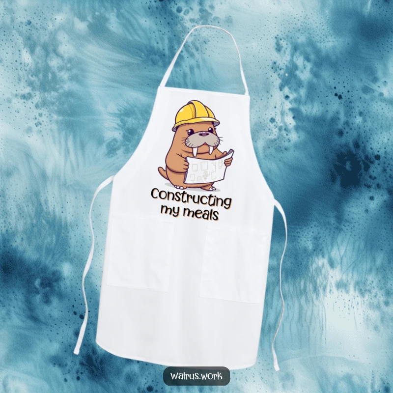 Funny walrus apron showing a walrus in a hard hat with a blueprint, great for cooking fun.