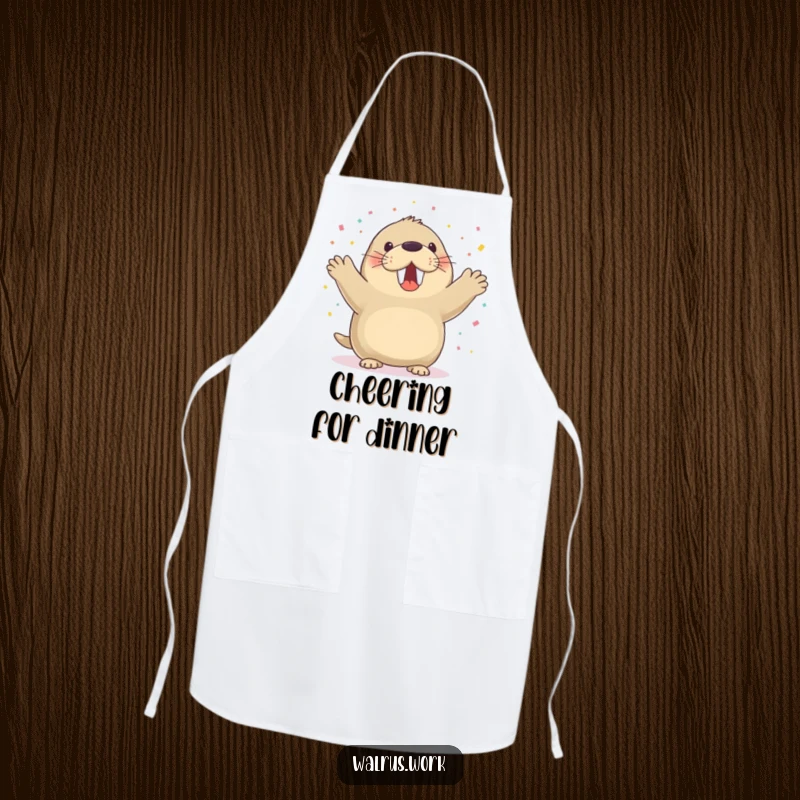 Funny walrus apron with a walrus cheering and confetti falling, perfect for party hosts.