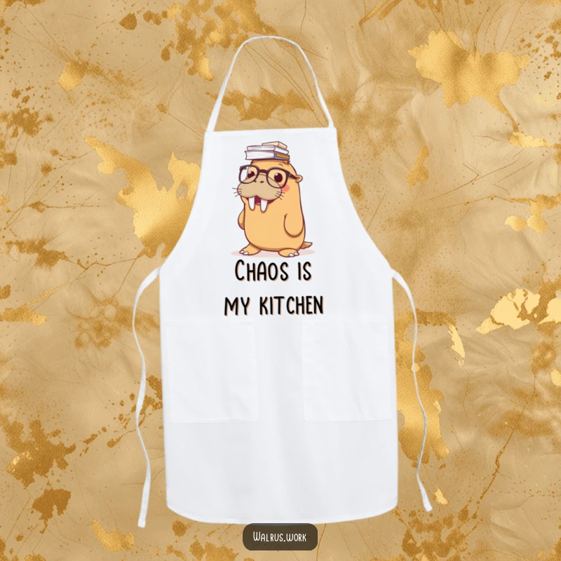 Funny apron featuring a smiling walrus with glasses, balancing a stack of papers on its nose, ready for kitchen adventures with humorous flair.