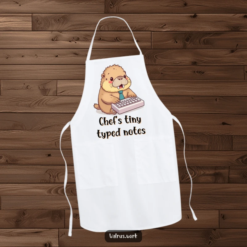 Funny apron with a fluffy walrus wearing a tie, typing excitedly on a miniature keyboard, perfect for kitchen tasks.