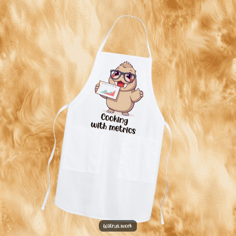 Funny apron depicting a happy walrus wearing large glasses, enthusiastically presenting a chart with a smiling face.
