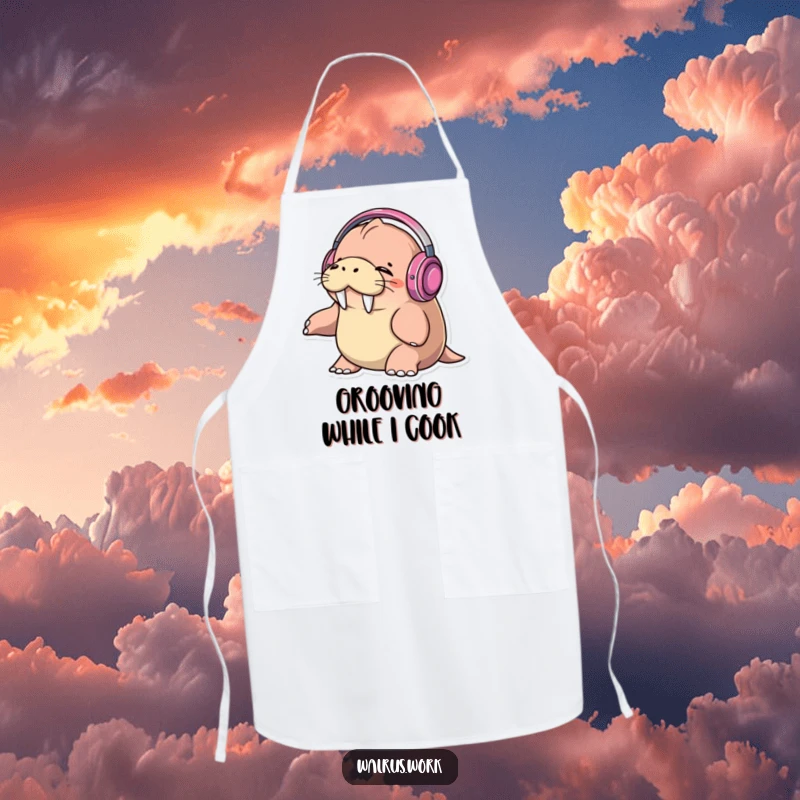 Funny walrus wearing headphones, eyes closed, bopping head to music on a kitchen apron, ready to cook.