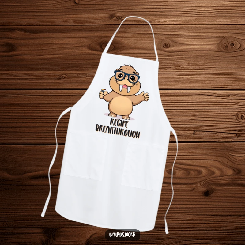 Funny apron with a walrus wearing glasses pointing triumphantly at a whiteboard, perfect for a smart cook.