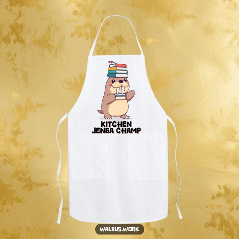Funny apron showcasing a playful walrus character balancing a wobbly tower of office supplies on its flippers, ready for culinary chaos.