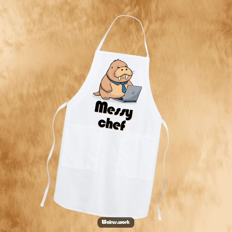 Funny apron featuring a flustered walrus in a business tie, tripping over a laptop, adding humorous chaos to kitchen duties.