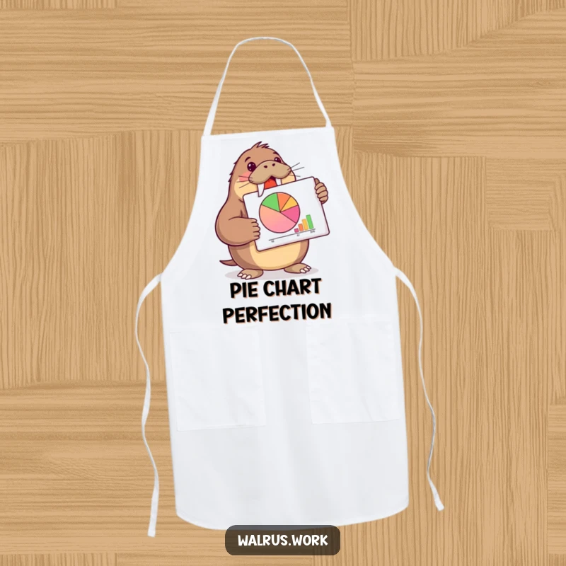 Funny walrus apron featuring a walrus presenting a pie chart, ideal for kitchen humor and cooking.