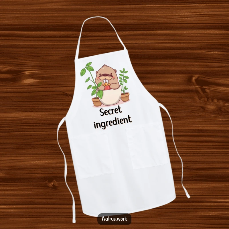 Funny giggling walrus character wearing an apron, humorously hiding snacks in a potted plant while cooking.