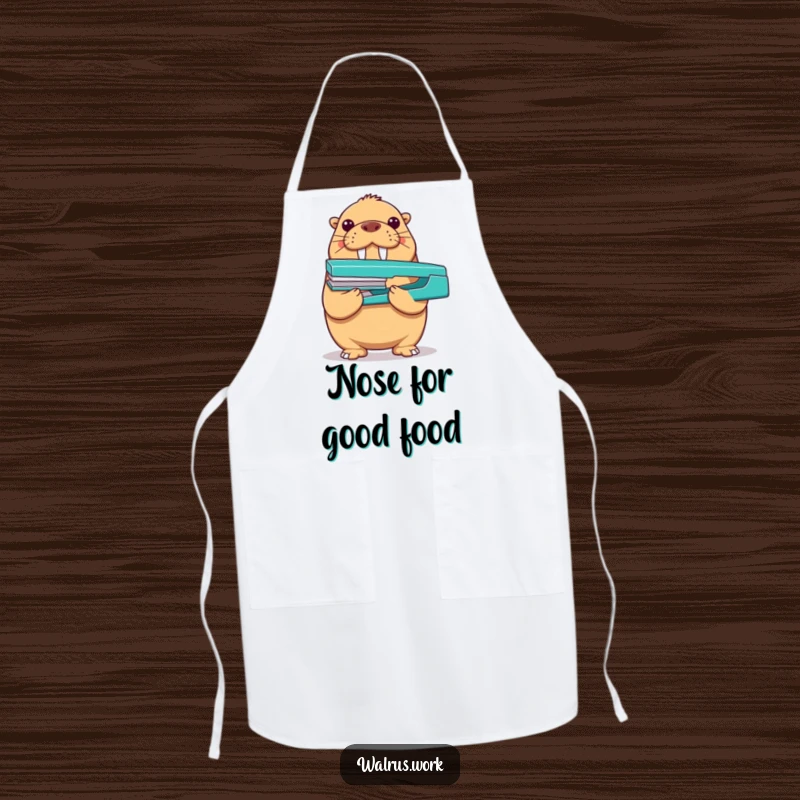 Funny walrus apron showing a proud walrus balancing a stapler on its nose, perfect for humorous cooking and kitchen protection.