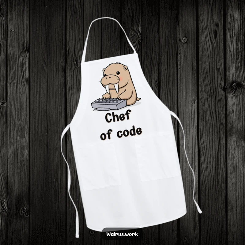 Funny apron designed with a walrus playfully typing on a keyboard with its tusks, adding humor to cooking tasks.