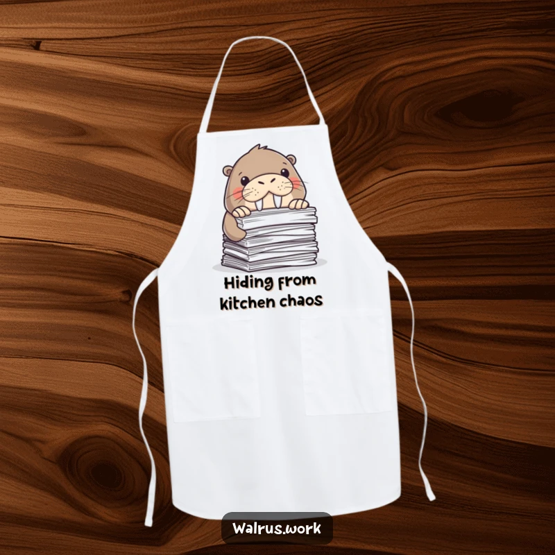 Funny apron of a walrus hiding behind papers. Practical and humorous for office use. Gift.