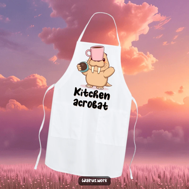 Funny walrus character wearing an apron, humorously balancing a coffee mug on its nose while cooking or baking.