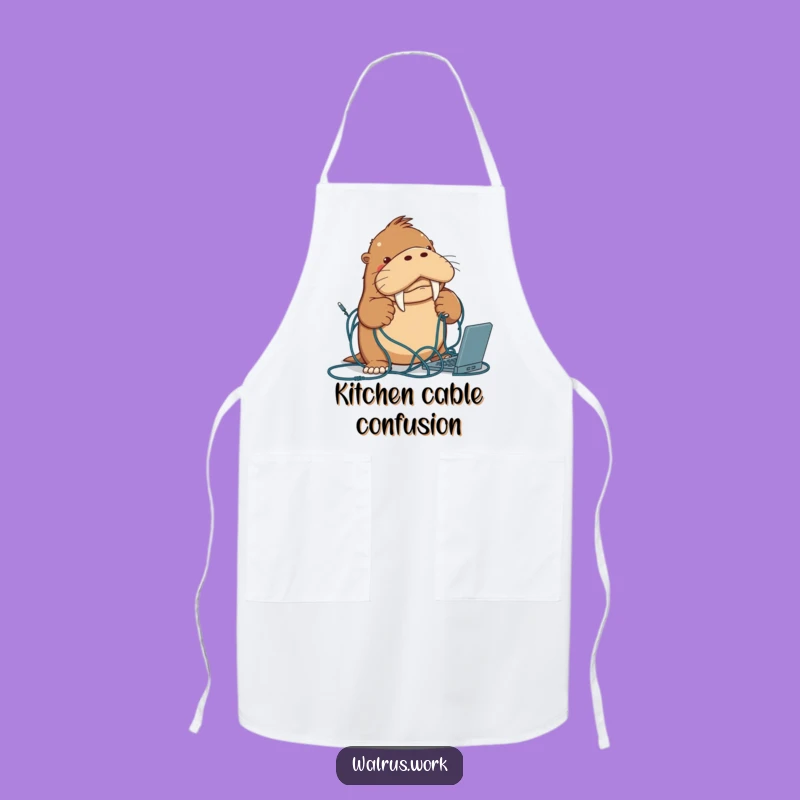 Funny Walrus Cable Apron: Conquer Kitchen Cords, Perfect Gift!