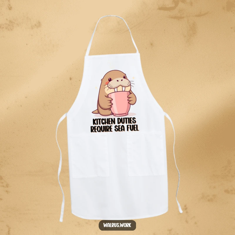 Funny apron with a walrus curiously sniffing coffee steam, ideal for kitchen use and humorous cooking sessions.
