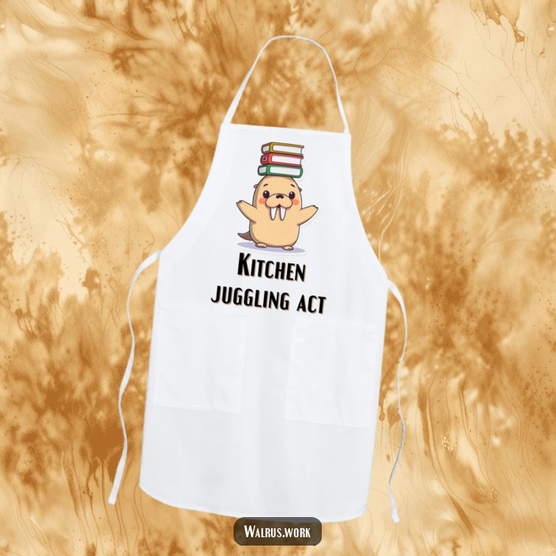 Funny apron showing a cute Kawaii walrus balancing a stack of files on its head, ideal for busy people.