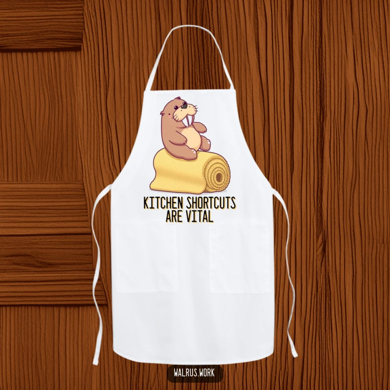 Funny walrus sliding down a rolled office carpet bannister, practical and humorous kitchen apron.