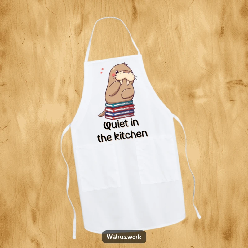 Funny shushing walrus apron, a walrus on files signaling quiet, ready for kitchen duty with a humorous twist.