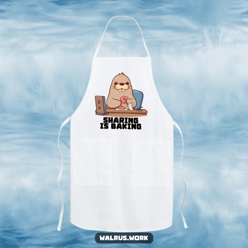 Funny walrus apron depicting a beaming walrus character sharing a donut with a tiny mouse, ideal for kitchen fun.