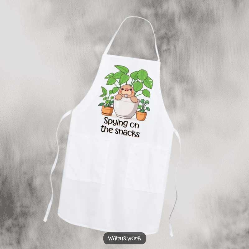 Funny apron with a curious walrus peeking out from behind a large plant, perfect for humorous kitchen or gardening adventures.