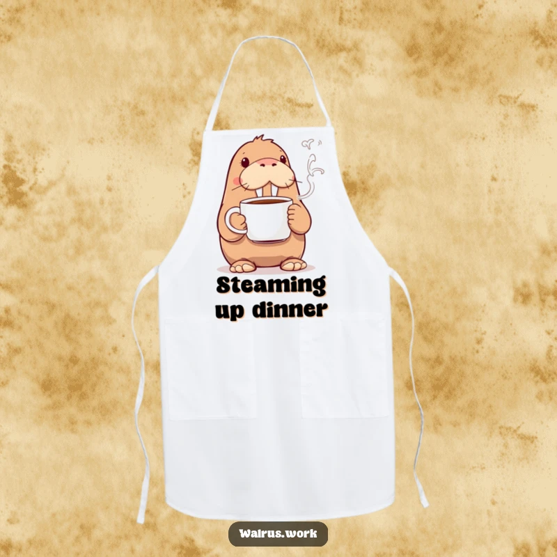 Funny walrus apron showing a walrus holding a steaming coffee mug, perfect for humorous kitchen activities and chefs.