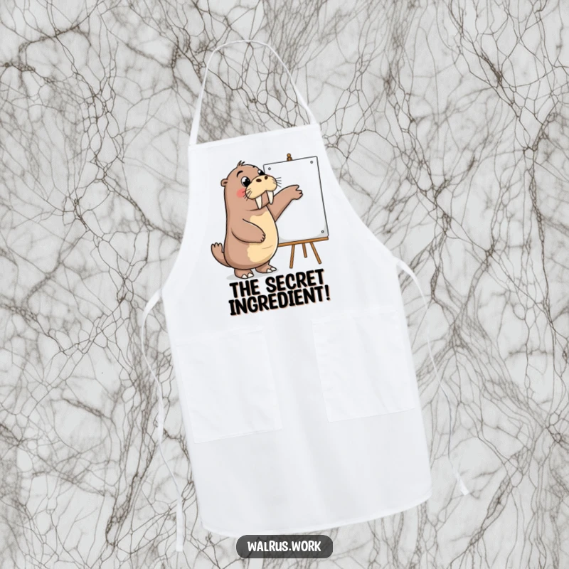 Funny apron depicting a walrus enthusiastically presenting ideas on a whiteboard, blending culinary tasks with strategic thinking humor.