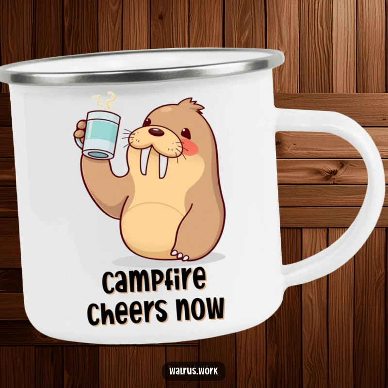 Funny camping mug with a cute Kawaii walrus raising a coffee mug in a toast, designed for outdoor celebrations.