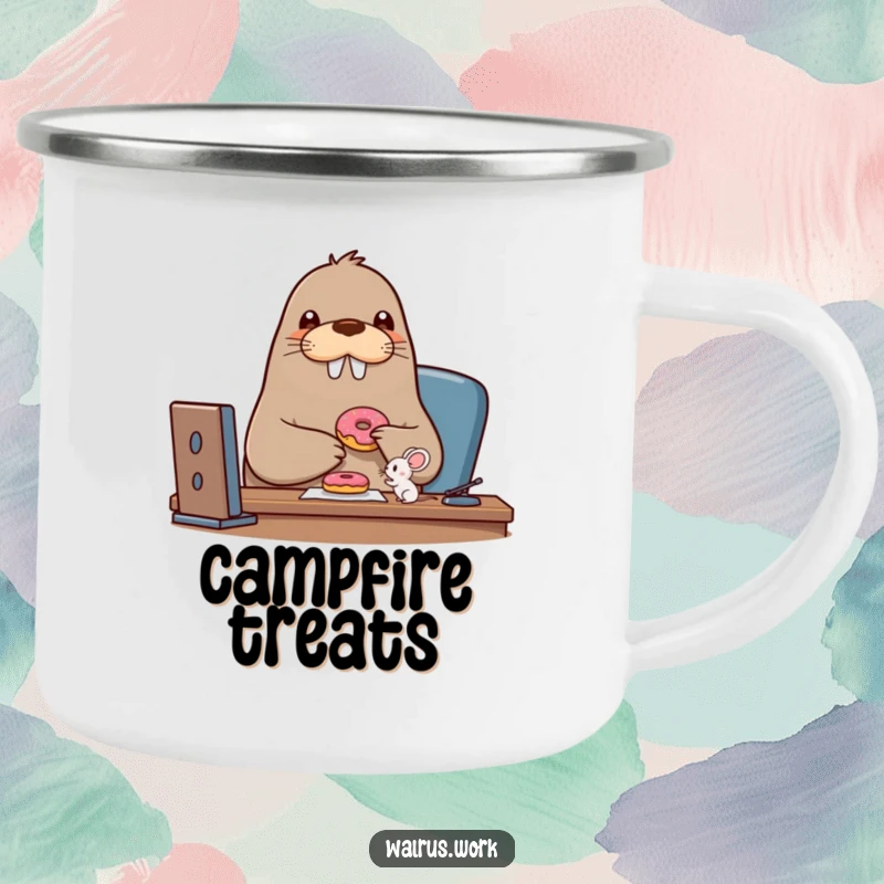 Funny walrus camping mug showing a beaming walrus character sharing a donut with a tiny mouse, perfect for outdoor friendships.