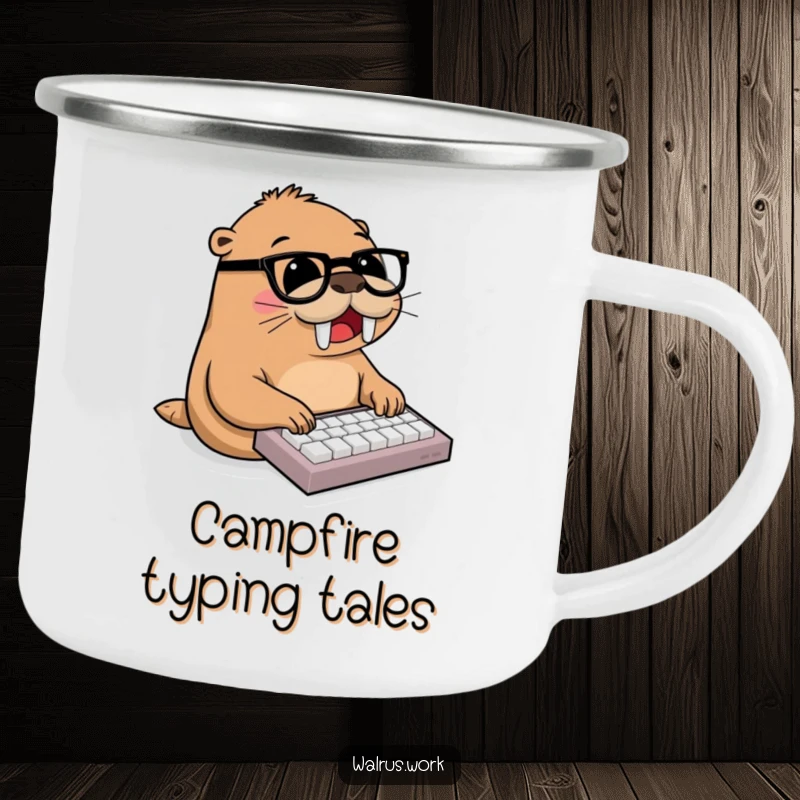 Funny walrus, wearing glasses, joyfully typing on miniature keyboard, office humor, enamel camp mug, productive outdoor gift.