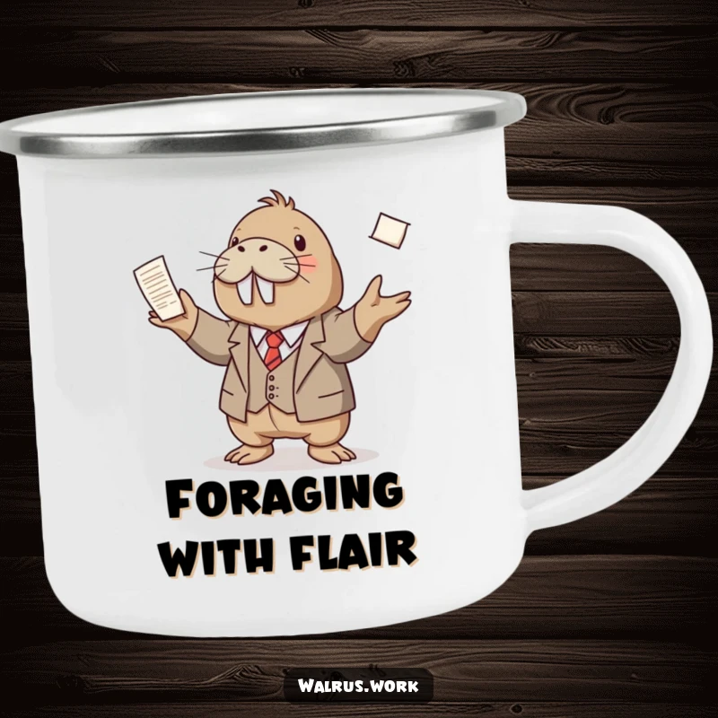 Funny camping mug featuring a walrus in a small suit juggling papers, blending professional humor with outdoor practicality.
