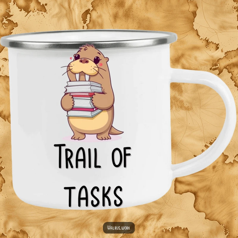 Funny camping mug of a walrus struggling with a large stack of files, perfect for outdoor enthusiasts who appreciate relatable humor.