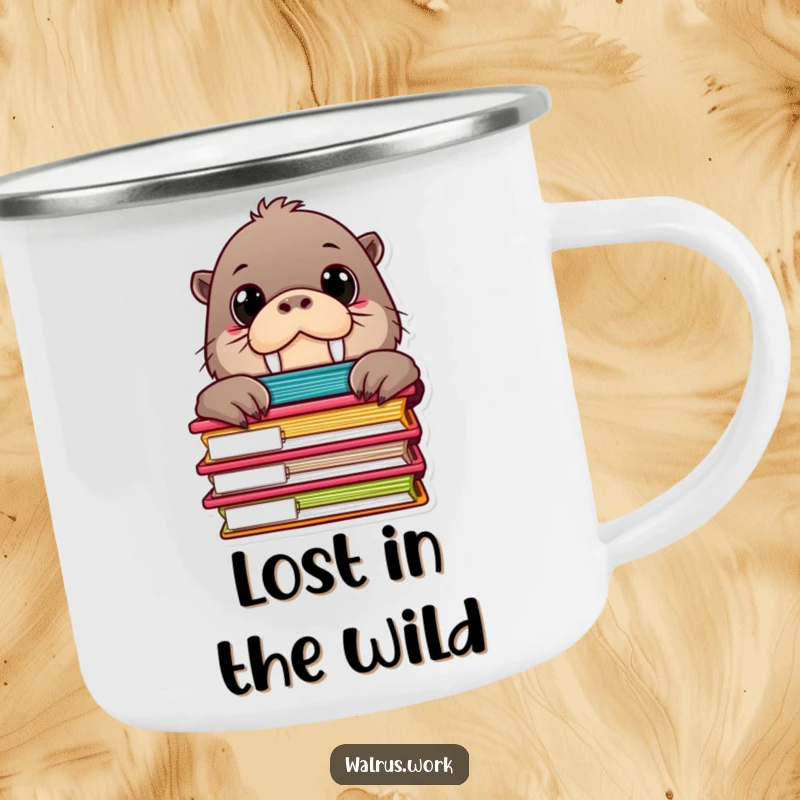 Funny camping mug showing a curious walrus character with big eyes, peeking from behind a stack of colorful file folders.