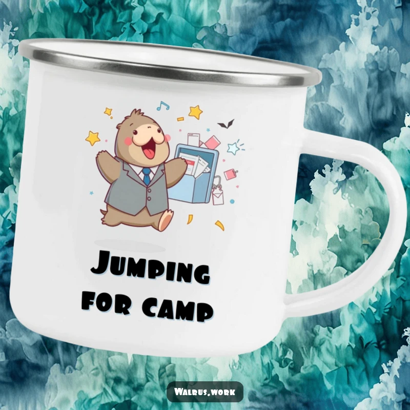 Funny camping mug showing a walrus in a tiny suit doing a celebratory jump near an overflowing inbox.